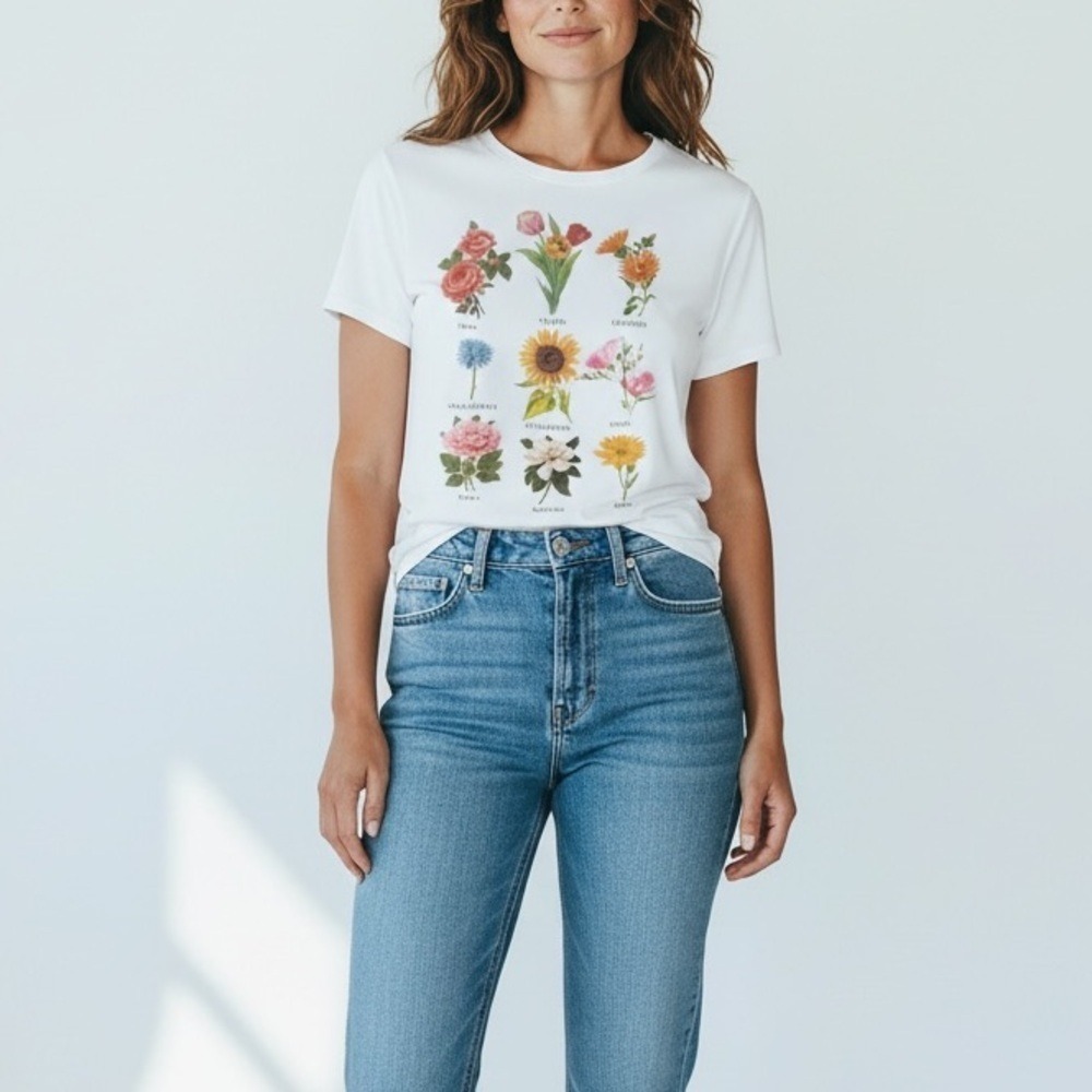 Fifth Sun Botanical Floral Graphic Tee Womens‎ Medium White